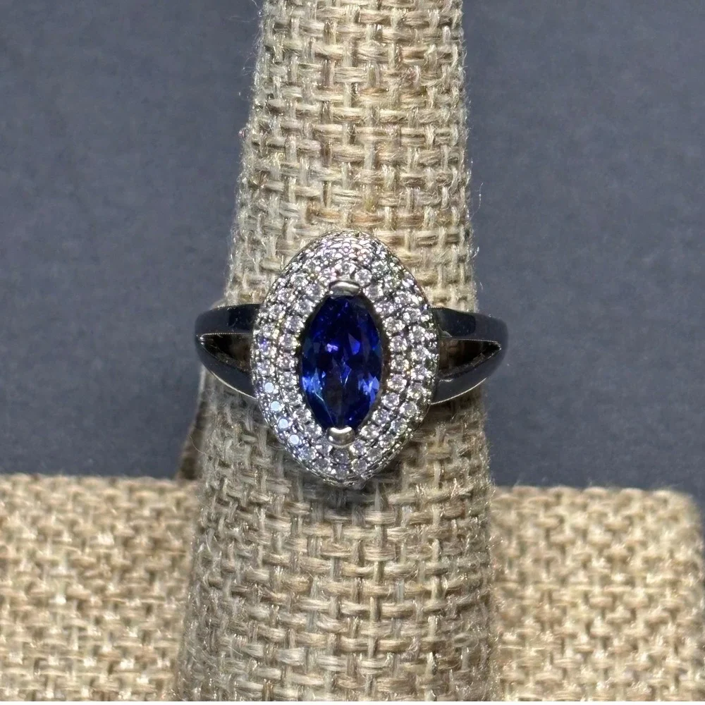 New 925 Sterling Silver Blue CZ Halo Ring Marquise Size 7 NOS $199 Sim. Sapphire